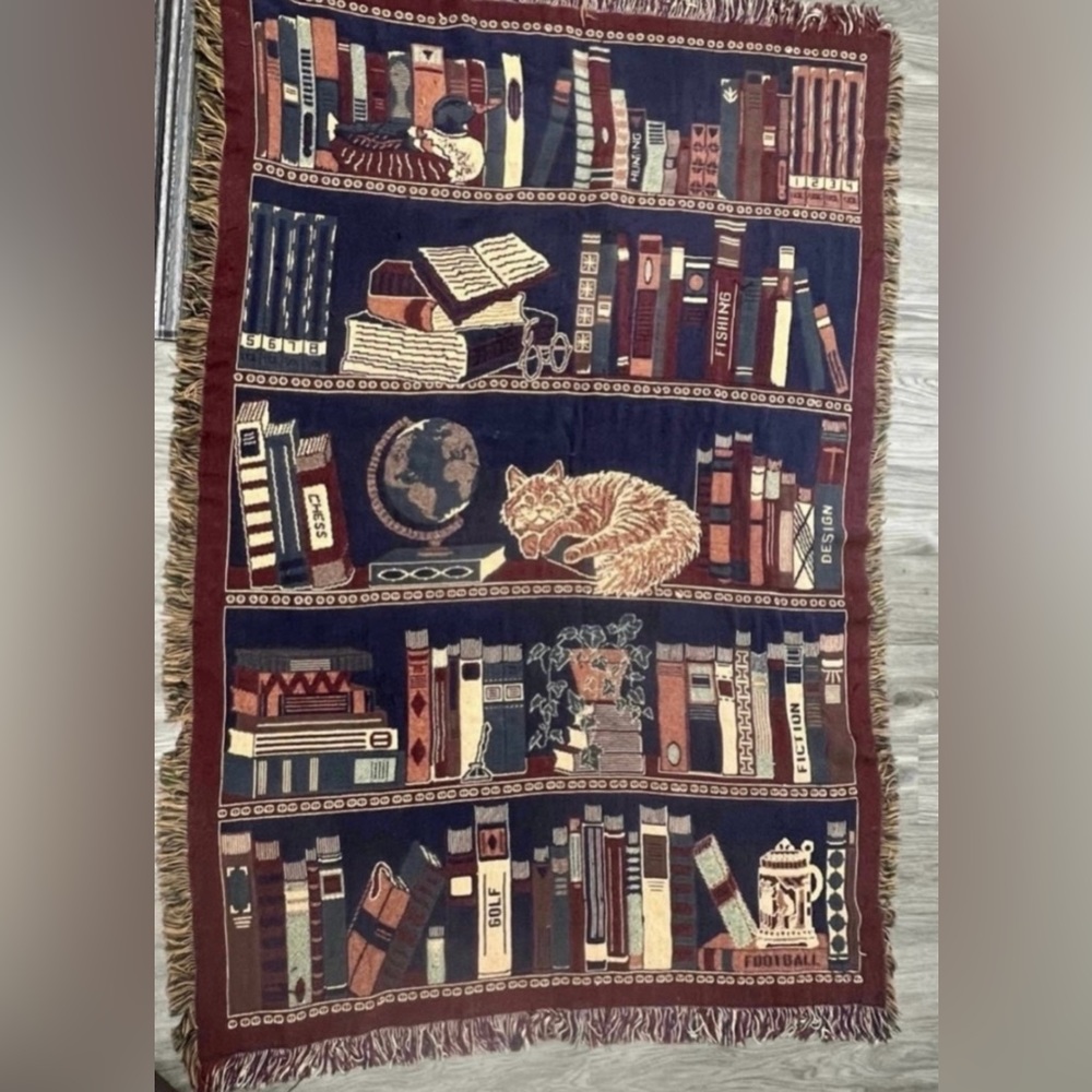 Woven Afghan Throw-Cat in Library